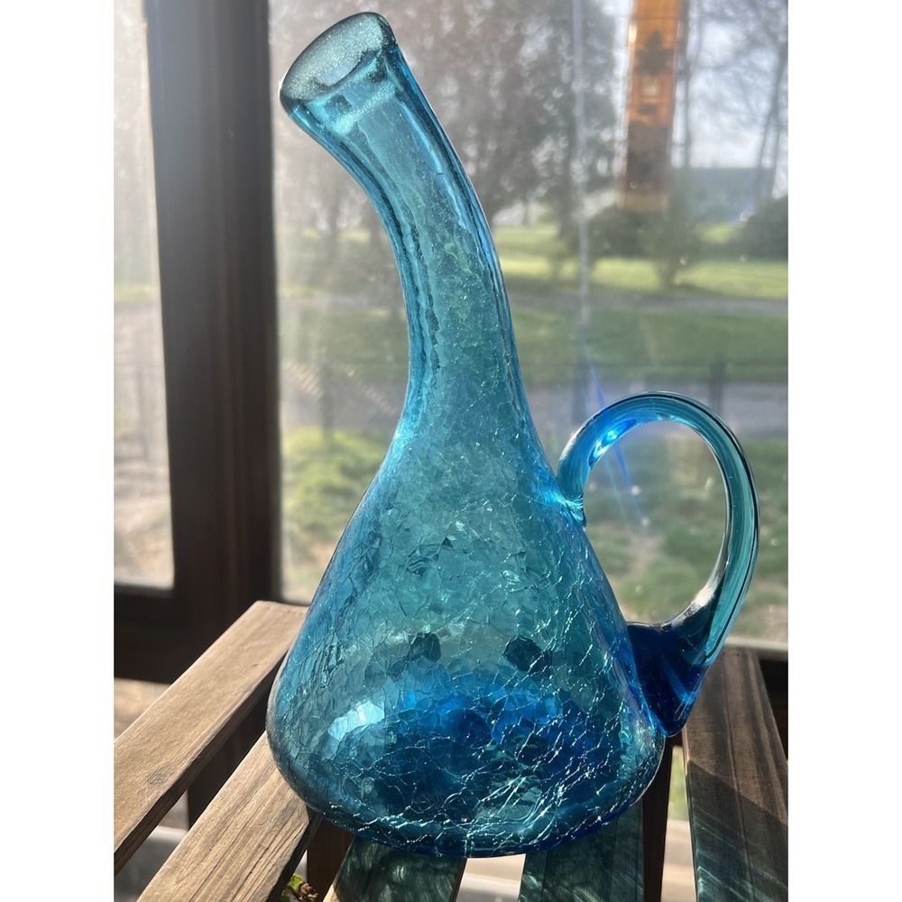 Blenko Bent Neck Blue Crackle Glass Decanter Winslow Anderson No‎ Stopper 948
